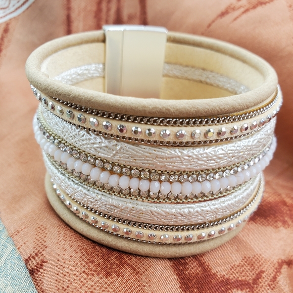 FINAL DROP!! Tan Faux Suede & Gold Faux Leather Bohemian Wrap Style Bracelet - Picture 3 of 9